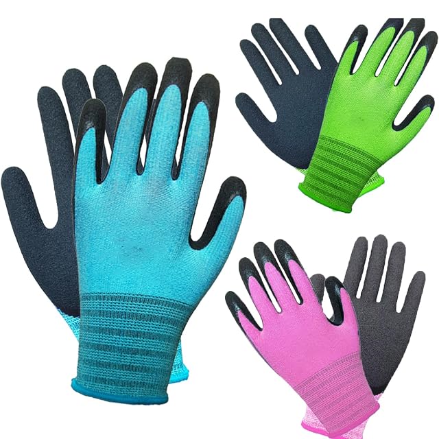 Drei Paar Gartenhandschuhe mit latexbeschichteten Handflächen
