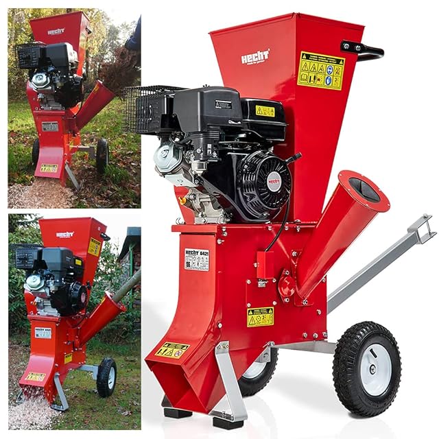 HECHT Benzin-Gartenhäcksler mit Motor von 389 ccm, zwei Trichtern und Luftreifen