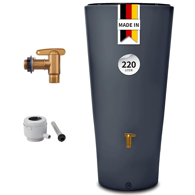 Graphitgraue schlanke Regentonne mit abnehmbarer Pflanzschale obenauf