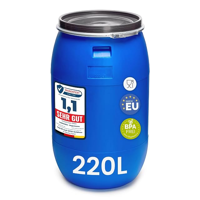 Blaues 220-Liter-Weithalsfass aus HDPE mit Metall-Spannring