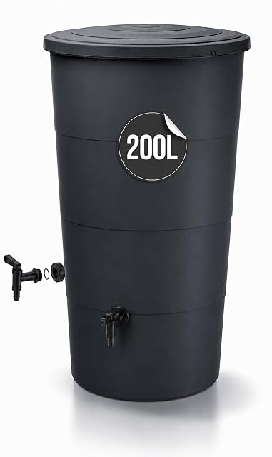 Anthrazitfarbene runde 200-Liter-Regentonne mit Hahn