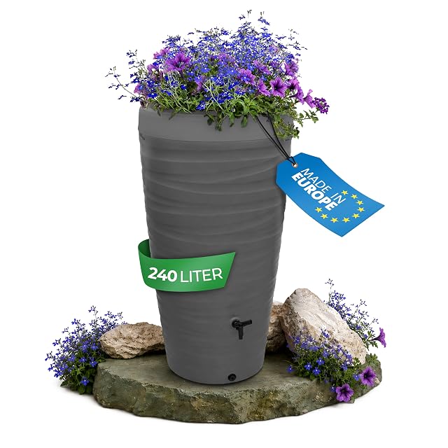 Graue 240-Liter-Wandregentonne mit Wellenstruktur und Pflanzschale